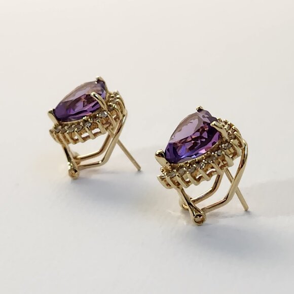 Vtg 80's 4.69g 14K Gold Natural Amethyst & Diamond Omega Back Earrings - Picture 5 of 15